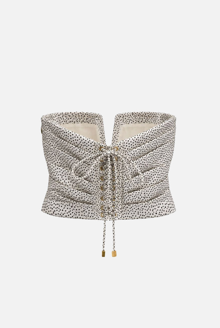 Elisabetta Franchi Top Bustier In Raso con Drappeggio e Stampa a Pois TO07967E2 BURRO/NERO
