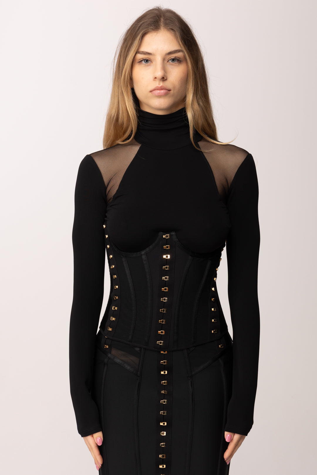 Elisabetta Franchi Top Bustier In Tessuto Bielastico e Tulle TO05562E2 NERO