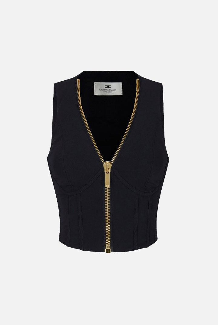 Elisabetta Franchi Top Bustier In Tessuto Tecnico con Zip Dorata TO04466E2 NERO