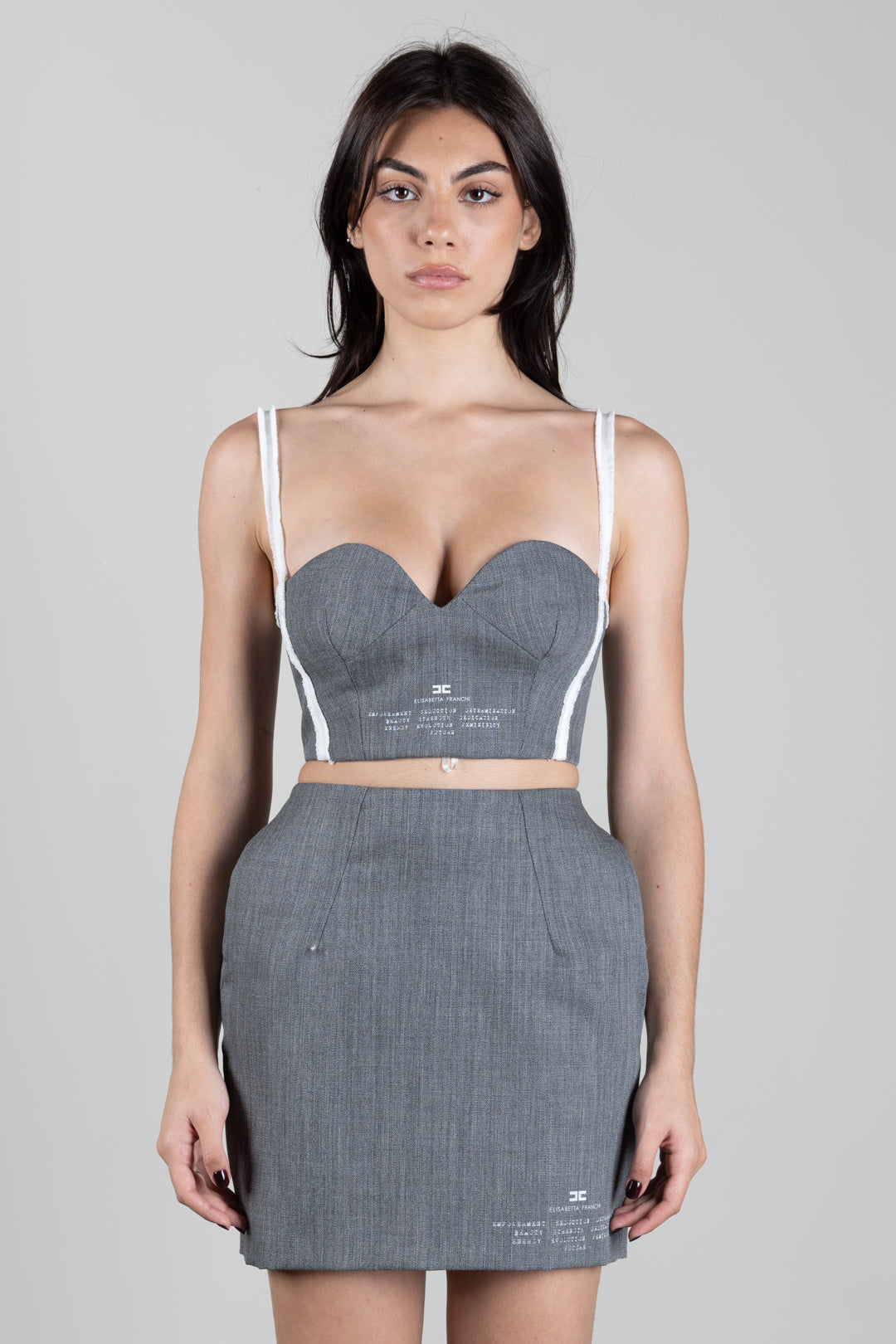 Elisabetta Franchi Top Bustier Scollo a Cuore Stampa Logo RG00967E2 GRIGIO MELANGE