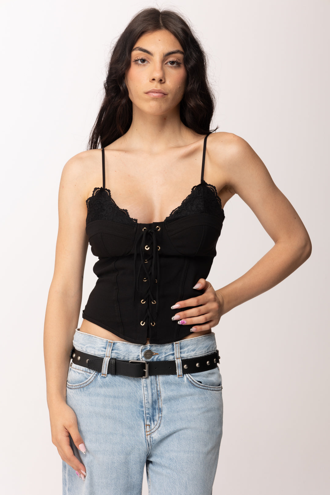Khloe Femme Top Corsetto con Lacci e Dettagli In Pizzo DM7577 NERO