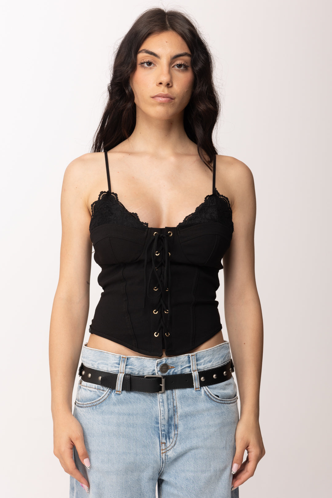 Khloe Femme Top Corsetto con Lacci e Dettagli In Pizzo DM7577 NERO