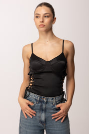 Khloe Femme Top Corsetto In Satin con Cut-out Ai Fianchi E0629 NERO
