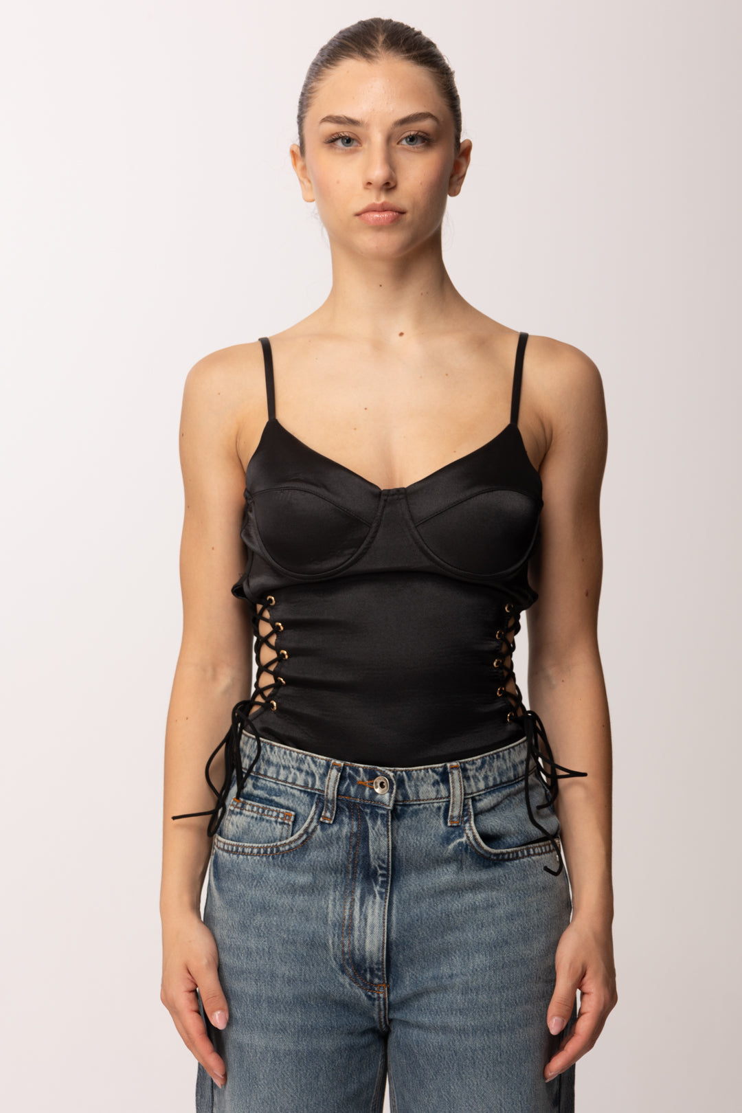 Khloe Femme Top Corsetto In Satin con Cut-out Ai Fianchi E0629 NERO