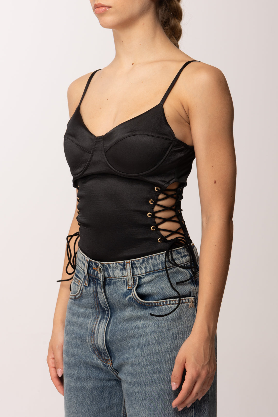 Khloe Femme Top Corsetto In Satin con Cut-out Ai Fianchi E0629 NERO