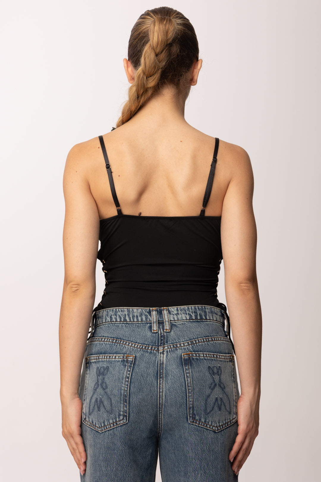 Khloe Femme Top Corsetto In Satin con Cut-out Ai Fianchi E0629 NERO
