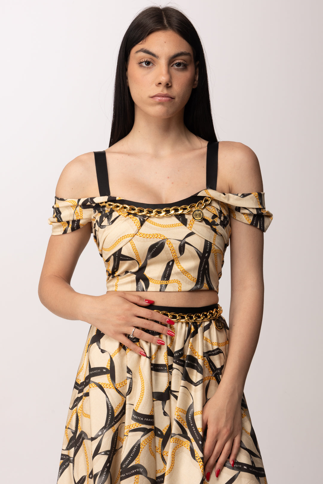 Elisabetta Franchi Top Corto con Stampa Nastri e Spalle Scoperte TO04561E2 CREMA
