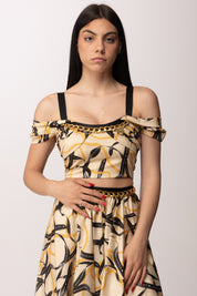 Elisabetta Franchi Top Corto con Stampa Nastri e Spalle Scoperte TO04561E2 CREMA