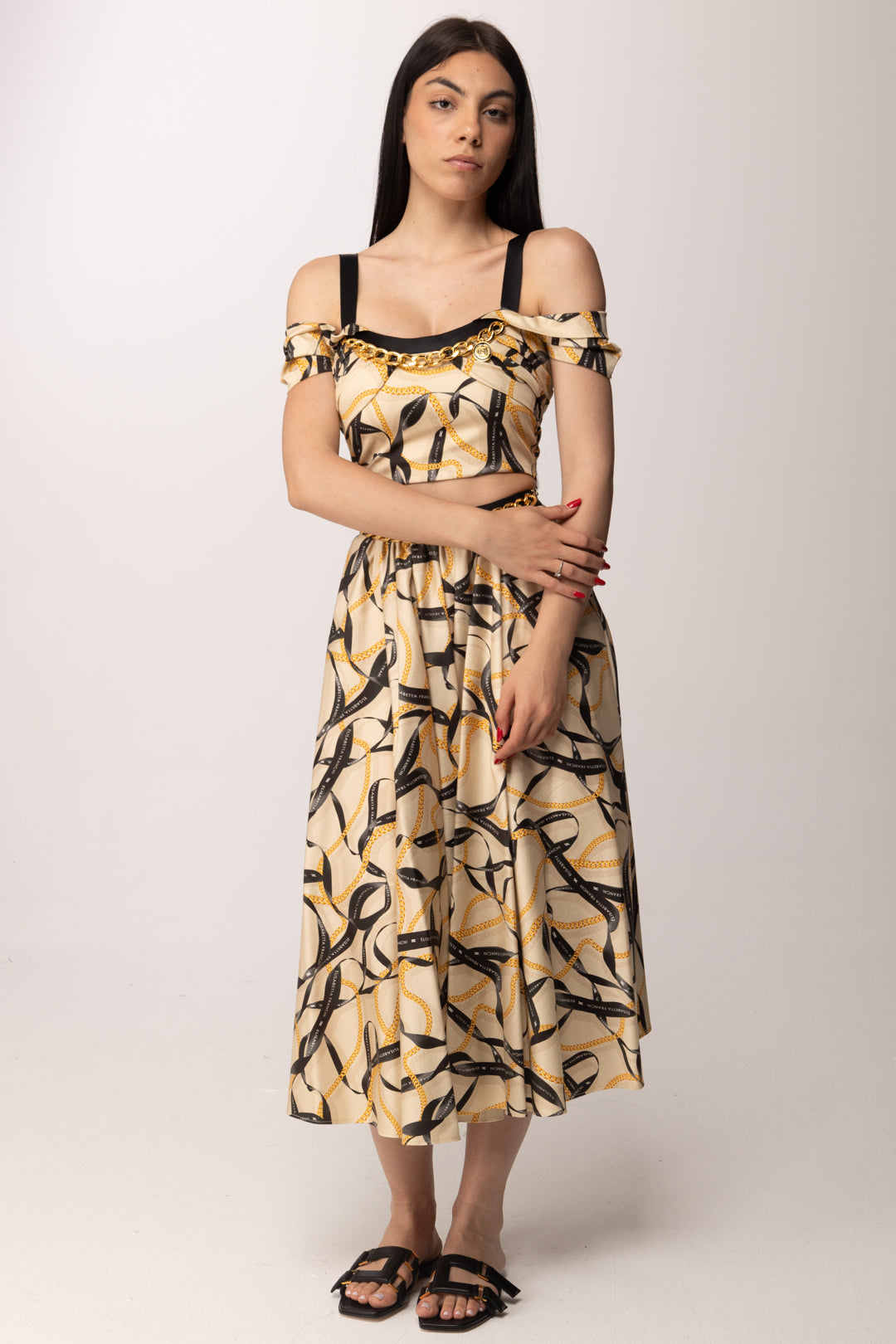 Elisabetta Franchi Top Corto con Stampa Nastri e Spalle Scoperte TO04561E2 CREMA