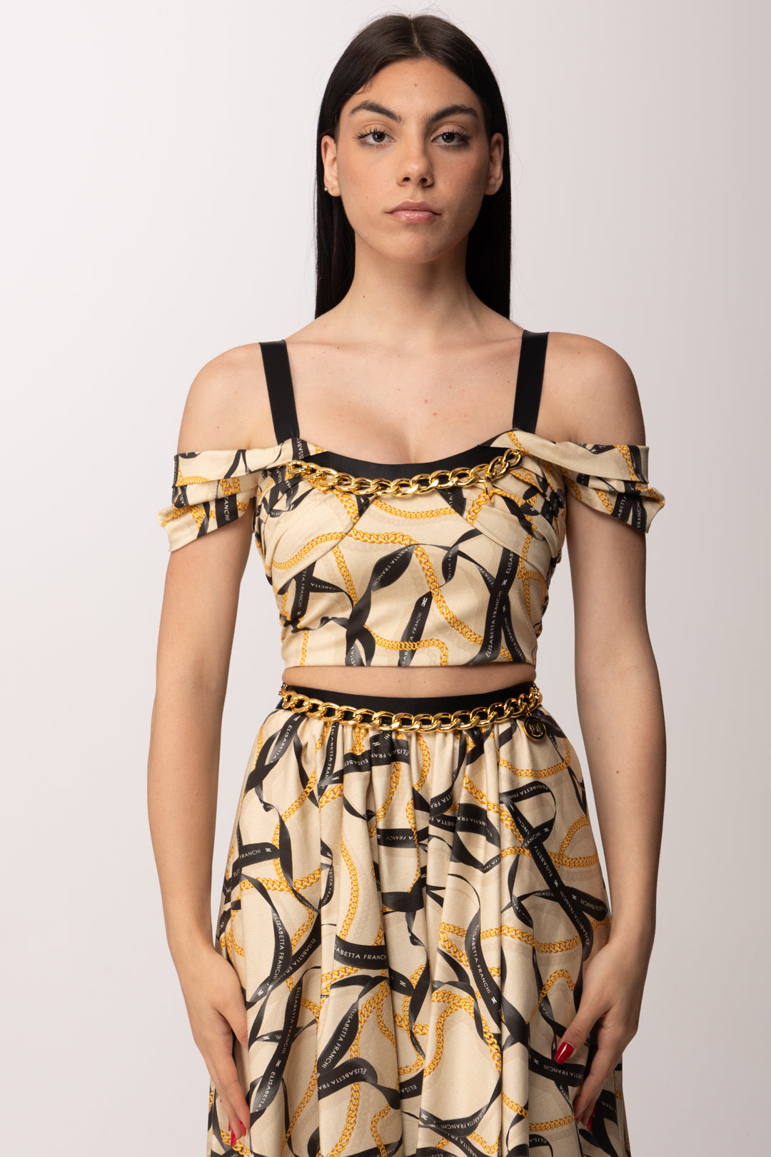 Elisabetta Franchi Top Corto con Stampa Nastri e Spalle Scoperte TO04561E2 CREMA