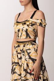 Elisabetta Franchi Top Corto con Stampa Nastri e Spalle Scoperte TO04561E2 CREMA