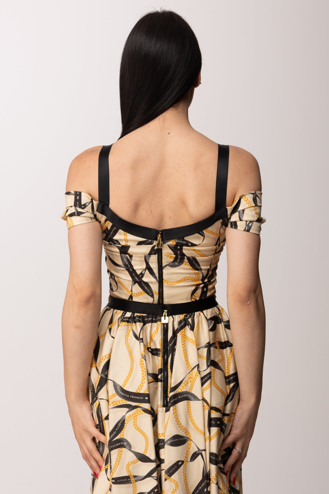 Elisabetta Franchi Top Corto con Stampa Nastri e Spalle Scoperte TO04561E2 CREMA