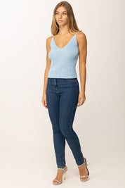 Khloe Femme Top Corto Tricot con Bretelle Sottili e Scollo a V AZZURRO