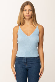 Khloe Femme Top Corto Tricot con Bretelle Sottili e Scollo a V AZZURRO