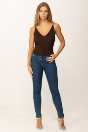 Khloe Femme Top Corto Tricot con Bretelle Sottili e Scollo a V CACAO