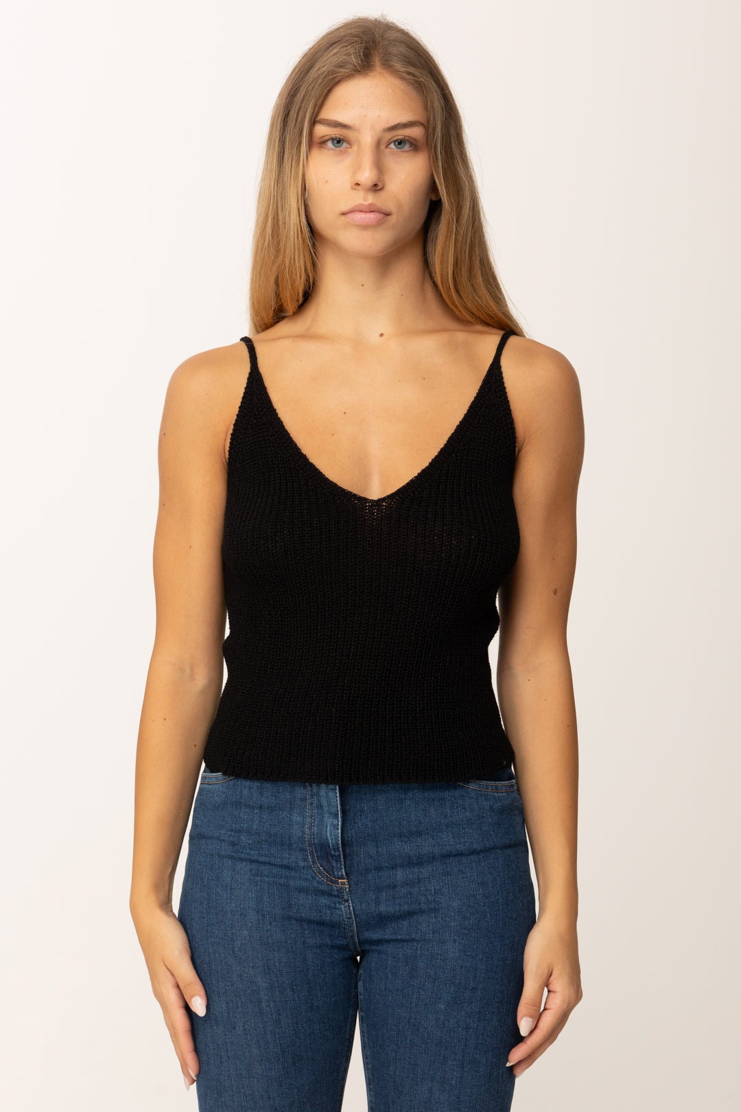 Khloe Femme Top Corto Tricot con Bretelle Sottili e Scollo a V NERO