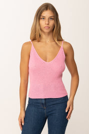 Khloe Femme Top Corto Tricot con Bretelle Sottili e Scollo a V ROSA