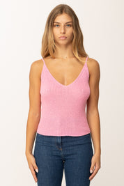 Khloe Femme Top Corto Tricot con Bretelle Sottili e Scollo a V ROSA