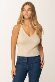 Khloe Femme Top Corto Tricot con Bretelle Sottili e Scollo a V SABBIA