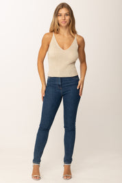 Khloe Femme Top Corto Tricot con Bretelle Sottili e Scollo a V SABBIA