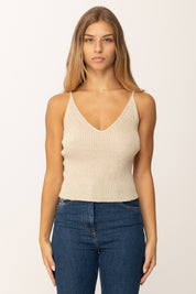 Khloe Femme Top Corto Tricot con Bretelle Sottili e Scollo a V SABBIA
