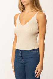 Khloe Femme Top Corto Tricot con Bretelle Sottili e Scollo a V SABBIA