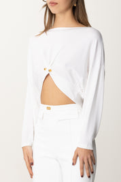Elisabetta Franchi Top Crop a Maniche Lunghe con Mini Logo MD00251E2 AVORIO