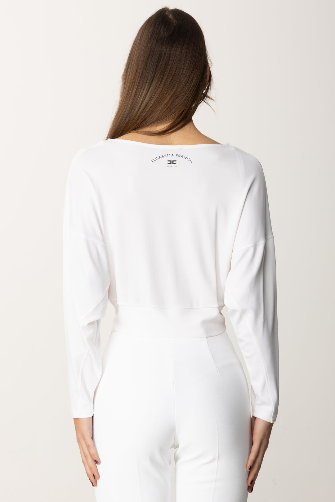 Elisabetta Franchi Top Crop a Maniche Lunghe con Mini Logo MD00251E2 AVORIO