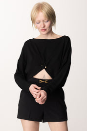 Elisabetta Franchi Top Crop a Maniche Lunghe con Mini Logo MD00251E2 NERO