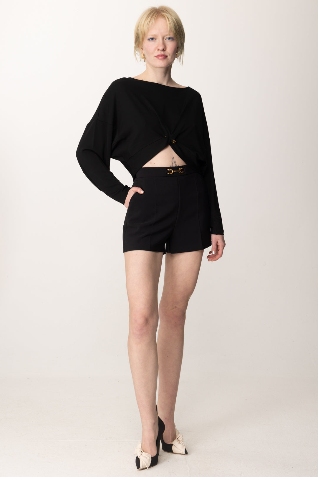 Elisabetta Franchi Top Crop a Maniche Lunghe con Mini Logo MD00251E2 NERO