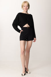 Elisabetta Franchi Top Crop a Maniche Lunghe con Mini Logo MD00251E2 NERO