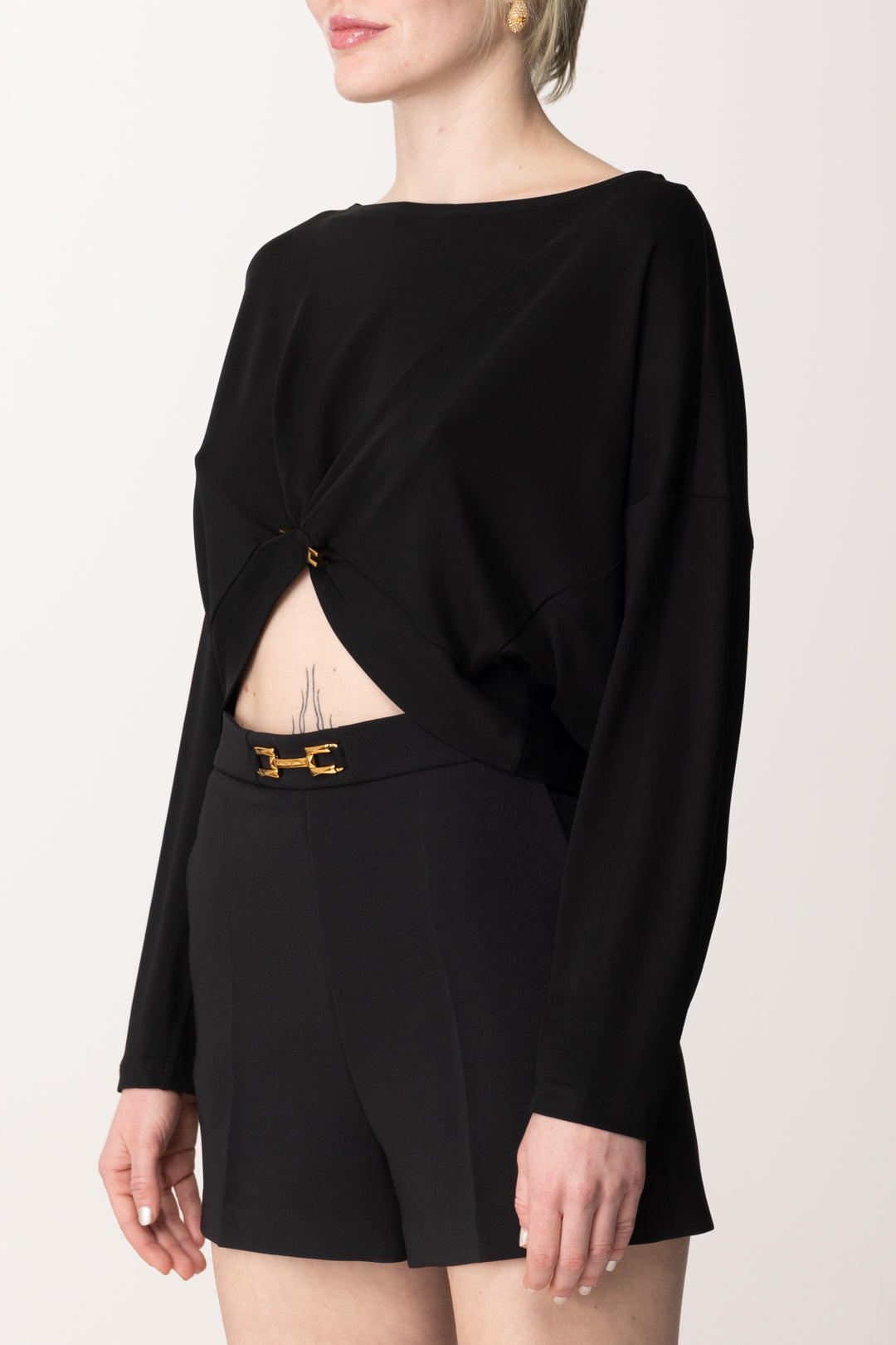 Elisabetta Franchi Top Crop a Maniche Lunghe con Mini Logo MD00251E2 NERO