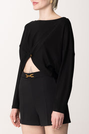Elisabetta Franchi Top Crop a Maniche Lunghe con Mini Logo MD00251E2 NERO