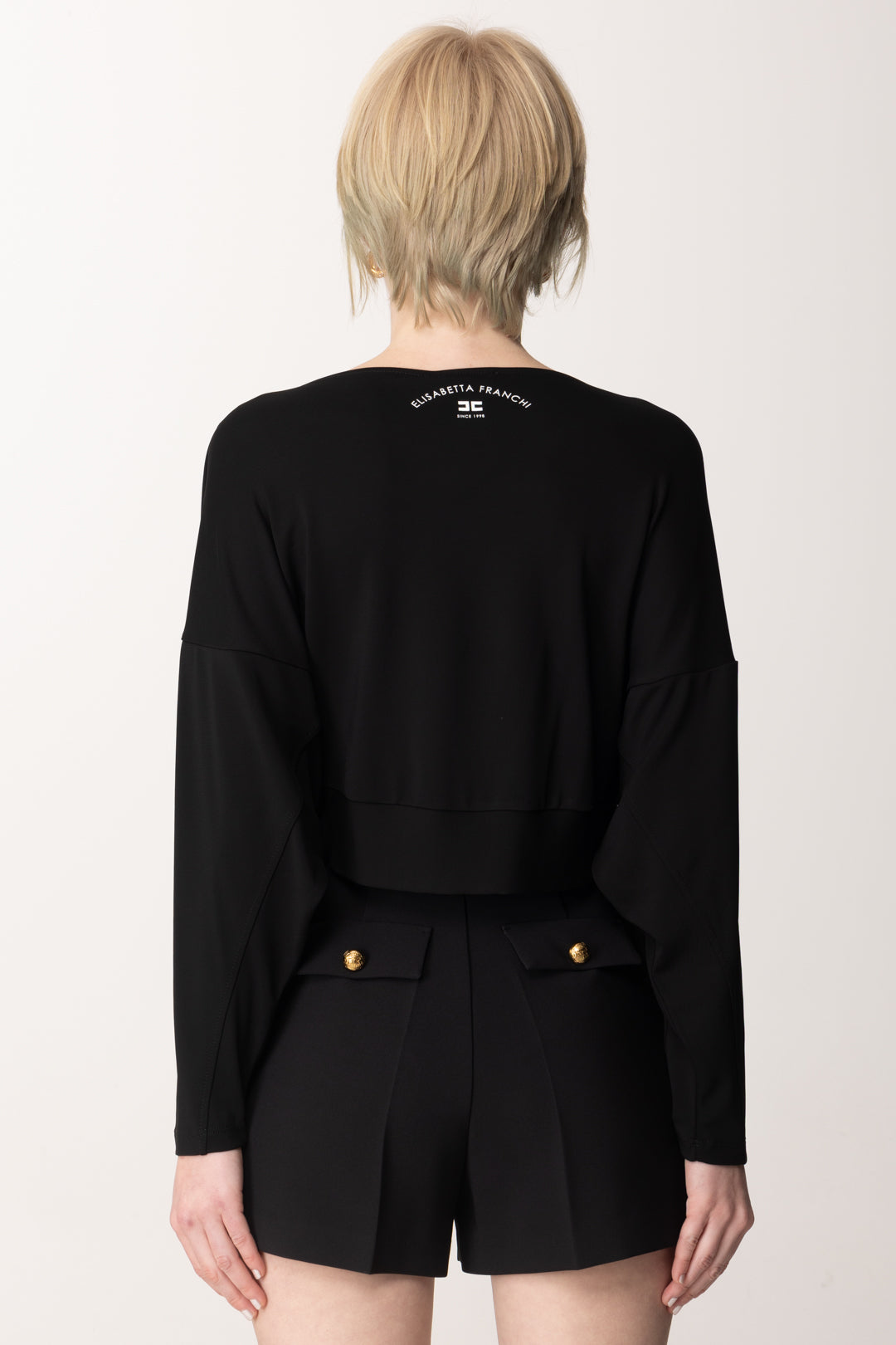 Elisabetta Franchi Top Crop a Maniche Lunghe con Mini Logo MD00251E2 NERO