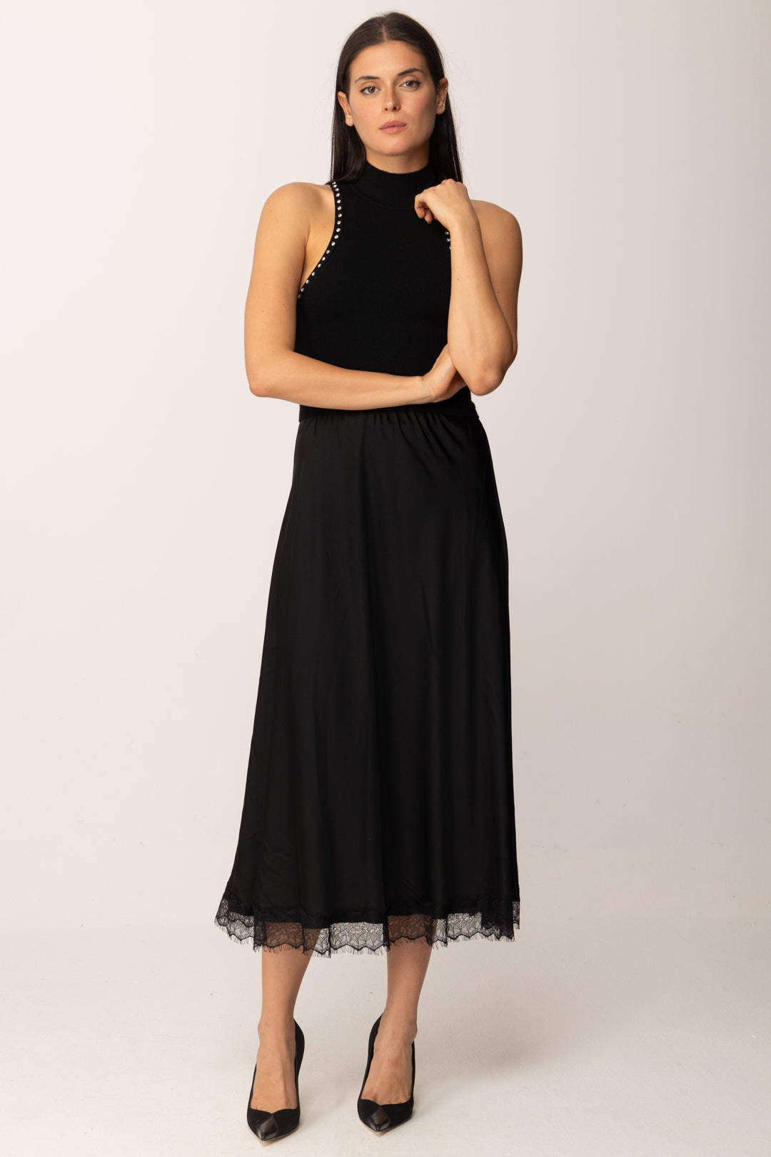 Khloe Femme Top Crop Collo Alto con Strass BLACK