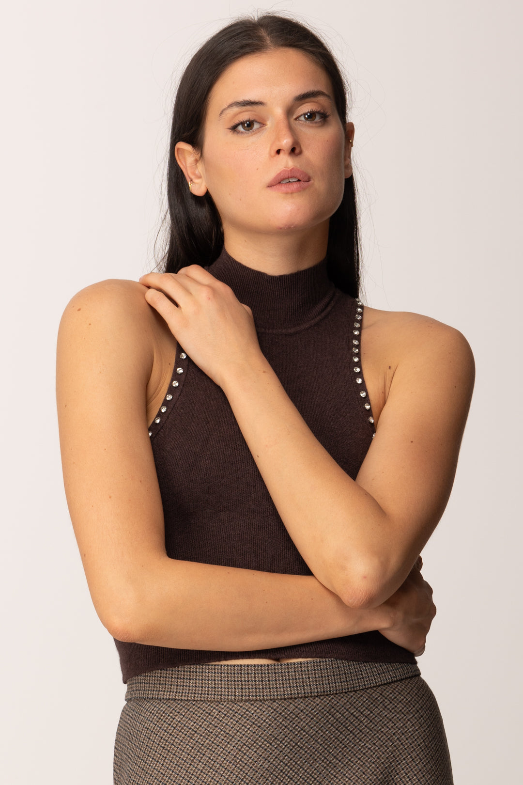 Khloe Femme Top Crop Collo Alto con Strass MORO