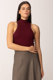 Khloe Femme Top Crop Collo Alto con Strass VINO