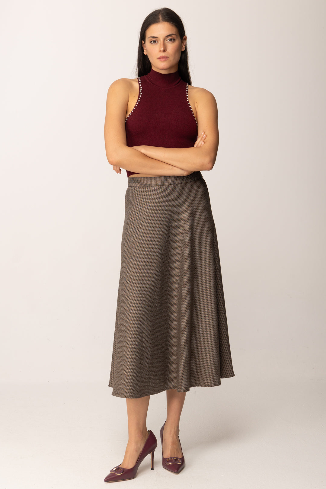 Khloe Femme Top Crop Collo Alto con Strass VINO