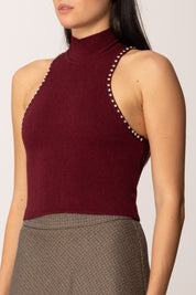 Khloe Femme Top Crop Collo Alto con Strass VINO