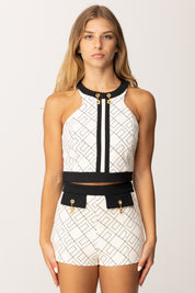 Elisabetta Franchi Top Crop Color Block con Logo Charms TOS0156E2 MILK/NERO