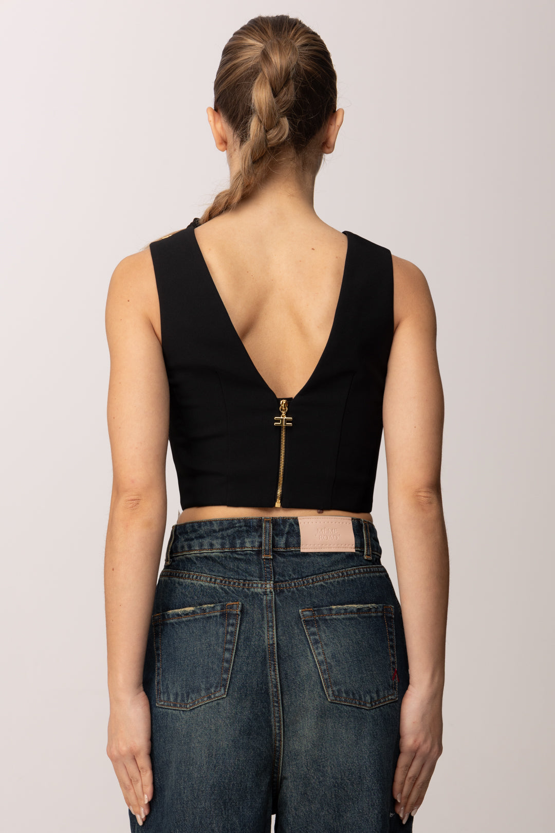 Elisabetta Franchi Top Crop con Scollatura a Placche Gioiello TO05061E2 NERO