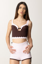 Elisabetta Franchi Top Crop con Smerlature a Constrasto TO01952E2 QUARZO/CACAO