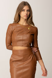 Elisabetta Franchi Top Crop Effetto Pelle con Collana Gioiello MD00957E2 BROWN SUGAR