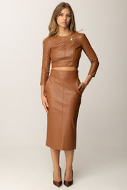 Elisabetta Franchi Top Crop Effetto Pelle con Collana Gioiello MD00957E2 BROWN SUGAR