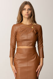 Elisabetta Franchi Top Crop Effetto Pelle con Collana Gioiello MD00957E2 BROWN SUGAR