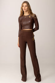 Elisabetta Franchi Top Crop Effetto Pelle con Collana Gioiello MD00957E2 COFFEE