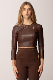 Elisabetta Franchi Top Crop Effetto Pelle con Collana Gioiello MD00957E2 COFFEE