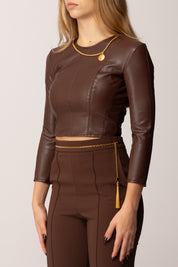 Elisabetta Franchi Top Crop Effetto Pelle con Collana Gioiello MD00957E2 COFFEE