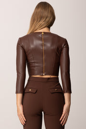 Elisabetta Franchi Top Crop Effetto Pelle con Collana Gioiello MD00957E2 COFFEE