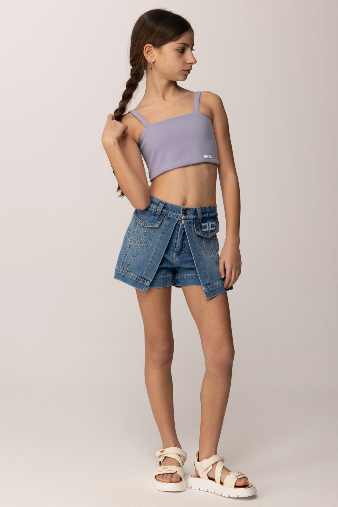 Elisabetta Franchi Bambina Top Crop In Crepe con Etichetta Logo EFTO0140GA022.8023